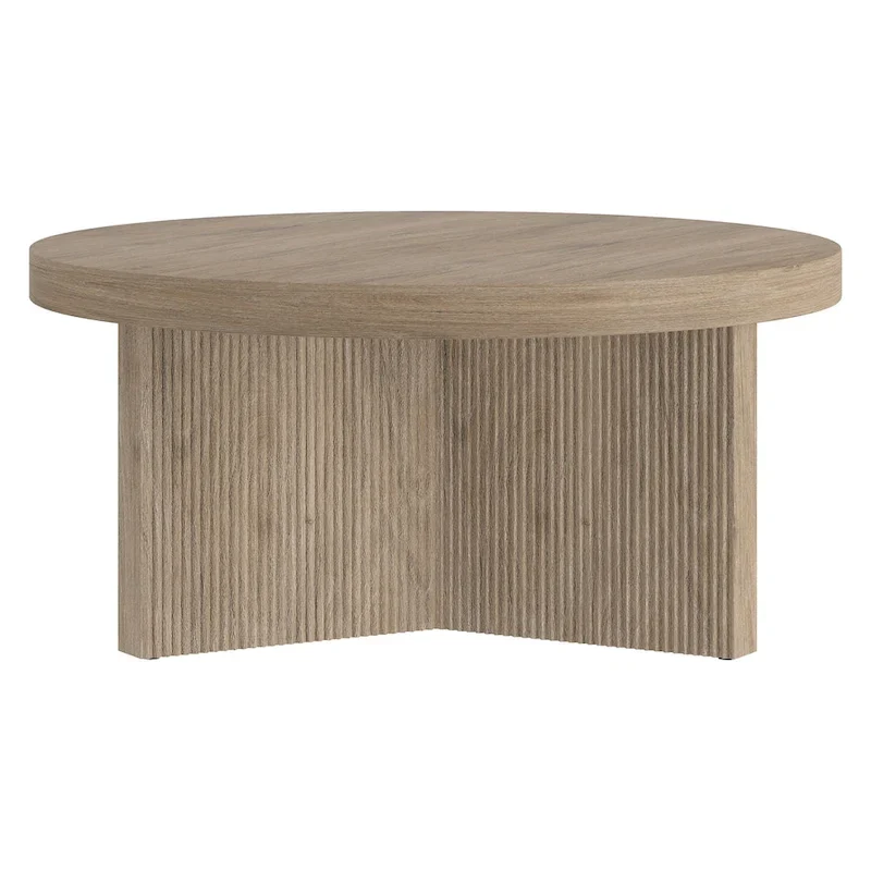 Table basse ronde scandinave de 81 cm avec base cannelée et finition aspect bois