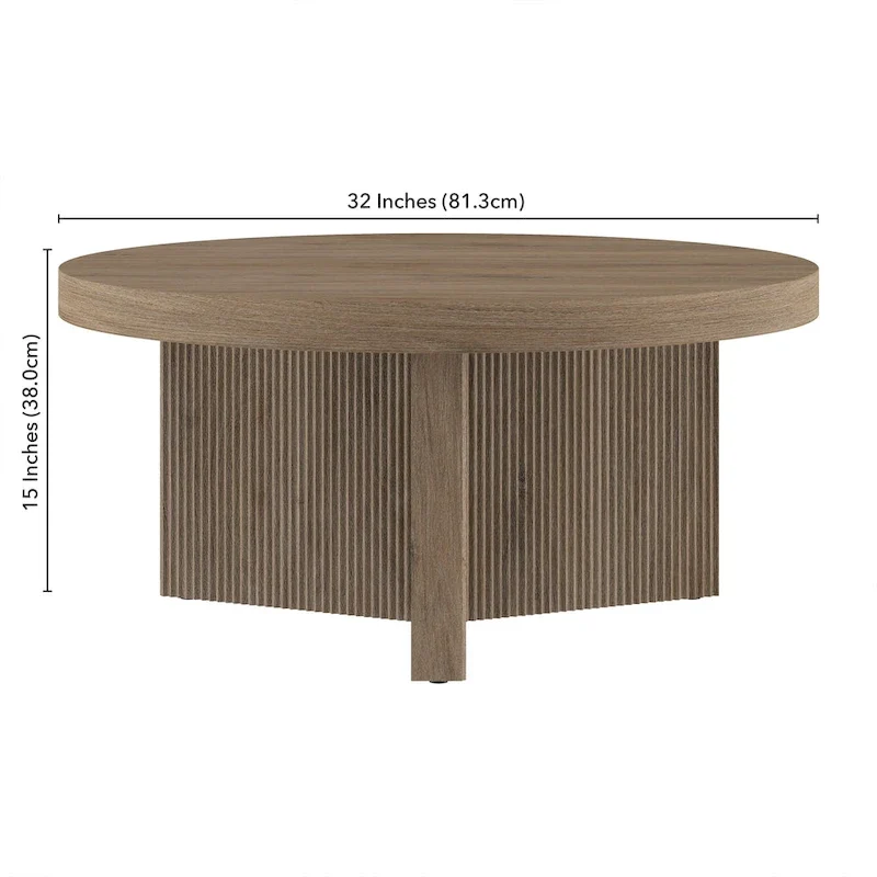 Table basse ronde scandinave de 81 cm avec base cannelée et finition aspect bois