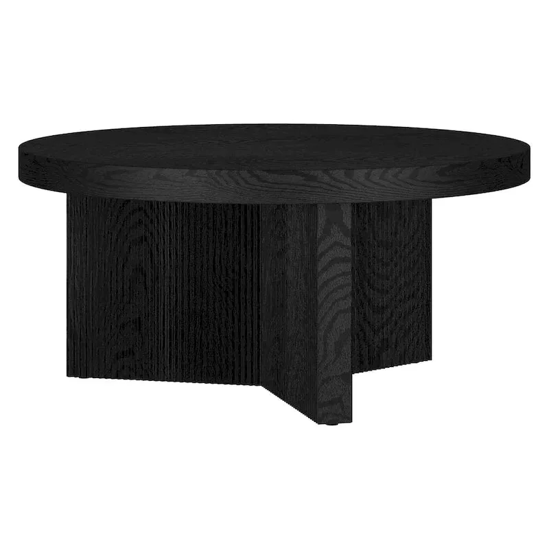 Table basse ronde scandinave de 81 cm avec base cannelée et finition aspect bois