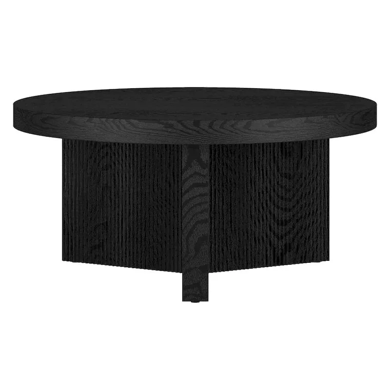 Table basse ronde scandinave de 81 cm avec base cannelée et finition aspect bois