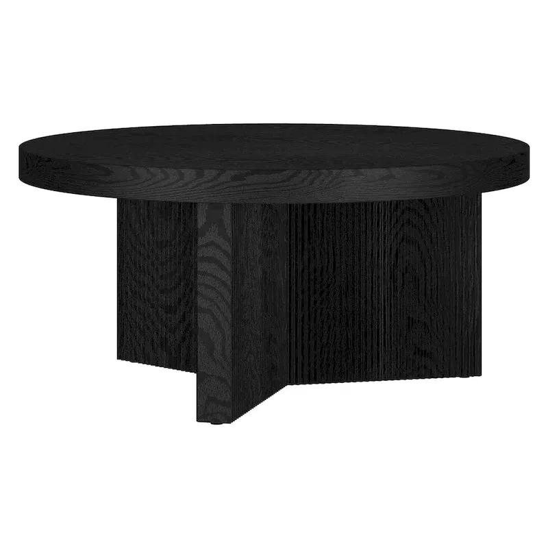 Table basse ronde scandinave de 81 cm avec base cannelée et finition aspect bois