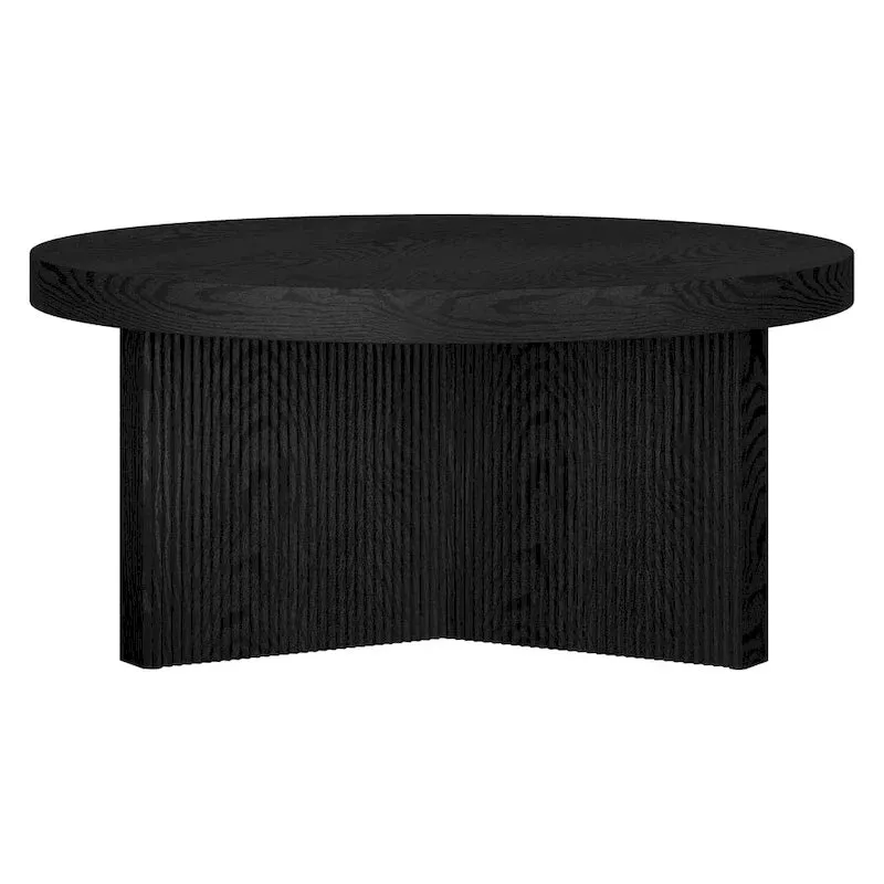 Table basse ronde scandinave de 81 cm avec base cannelée et finition aspect bois