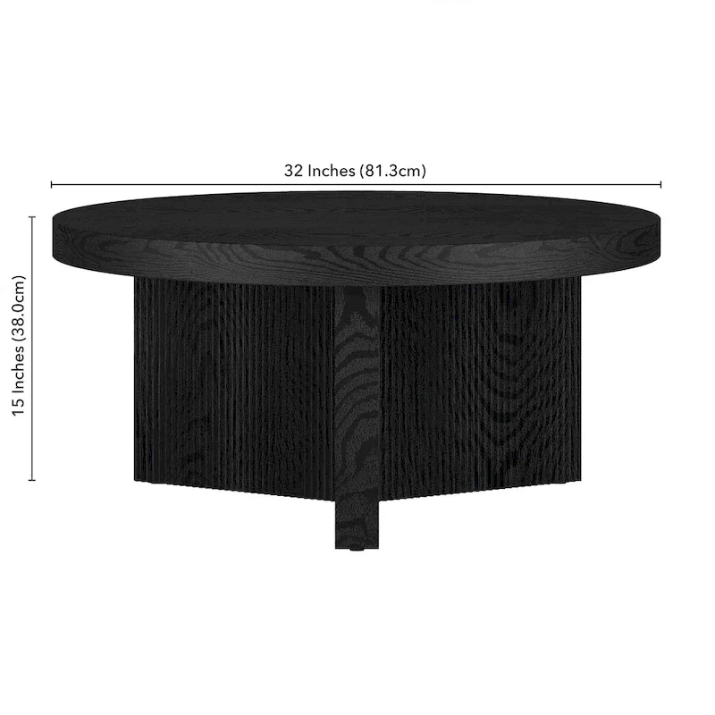 Table basse ronde scandinave de 81 cm avec base cannelée et finition aspect bois
