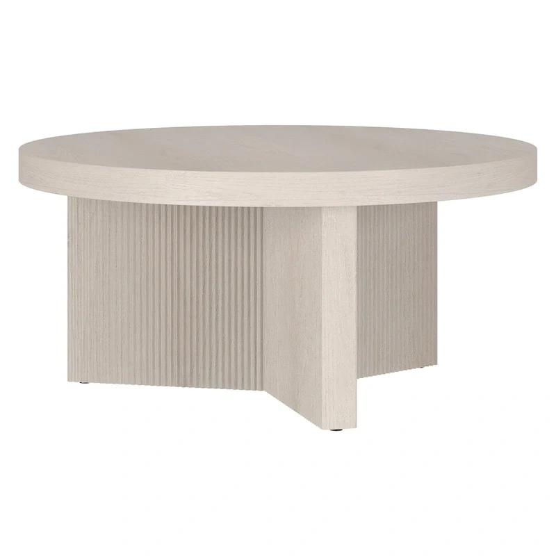 Table basse ronde scandinave de 81 cm avec base cannelée et finition aspect bois