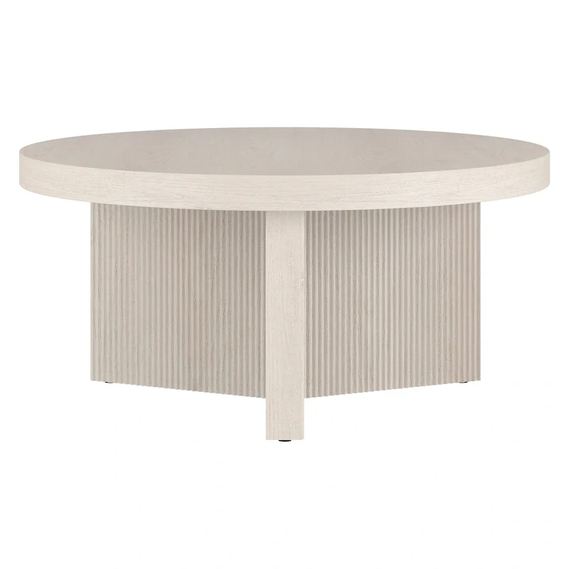 Table basse ronde scandinave de 81 cm avec base cannelée et finition aspect bois