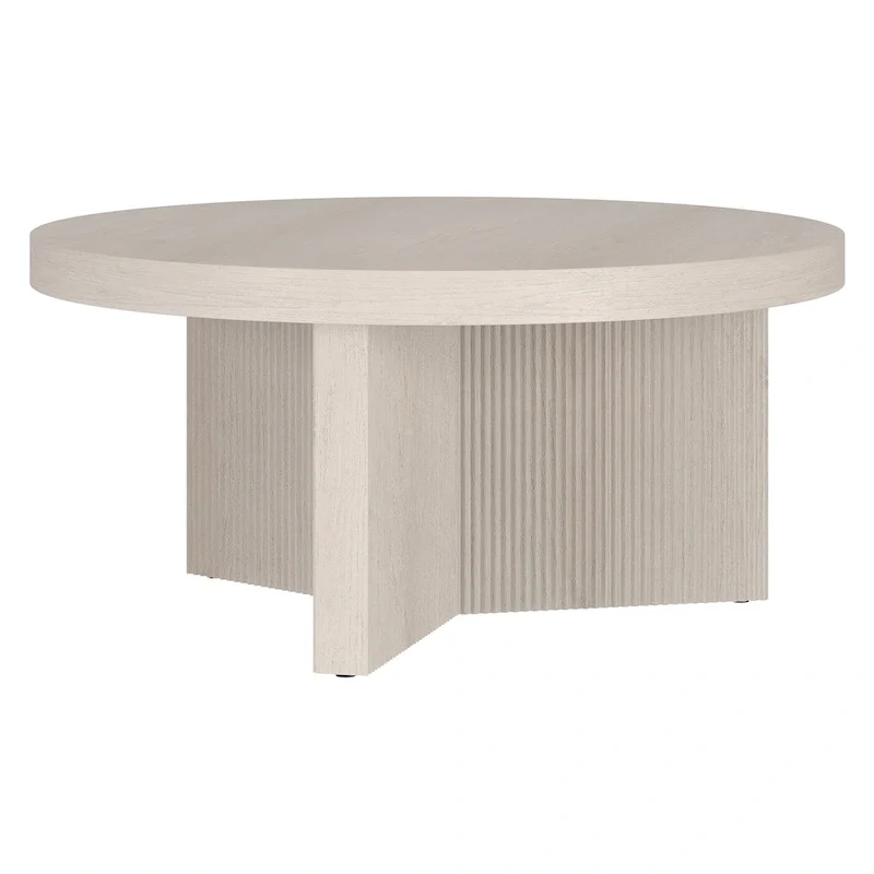Table basse ronde scandinave de 81 cm avec base cannelée et finition aspect bois