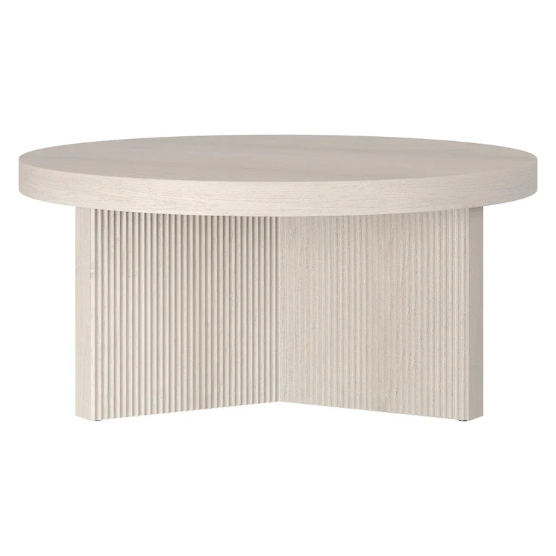 Table basse ronde scandinave de 81 cm avec base cannelée et finition aspect bois