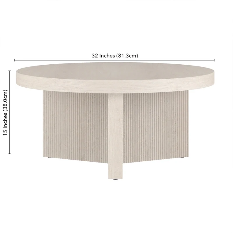 Table basse ronde scandinave de 81 cm avec base cannelée et finition aspect bois