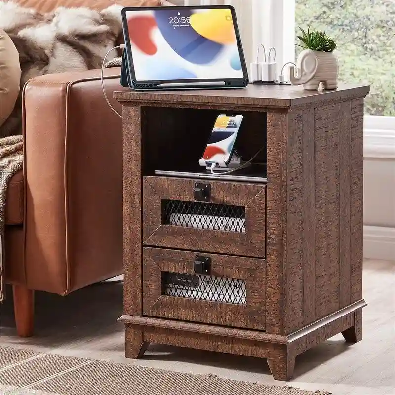 Table d'appoint de ferme avec 2 tiroirs, compartiment ouvert et prises CA et ports USB intégrés