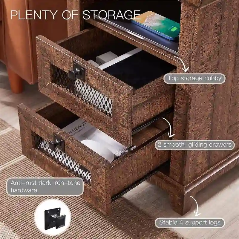 Table d'appoint de ferme avec 2 tiroirs, compartiment ouvert et prises CA et ports USB intégrés