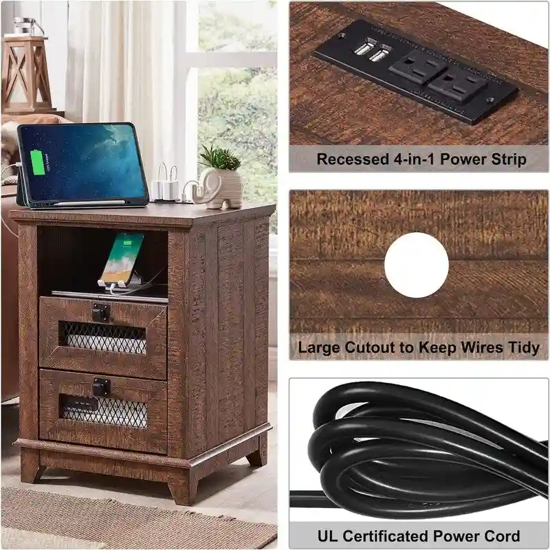 Table d'appoint de ferme avec 2 tiroirs, compartiment ouvert et prises CA et ports USB intégrés