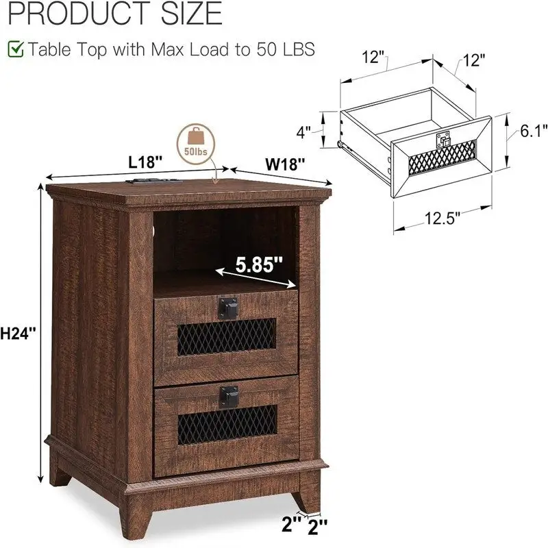 Table d'appoint de ferme avec 2 tiroirs, compartiment ouvert et prises CA et ports USB intégrés
