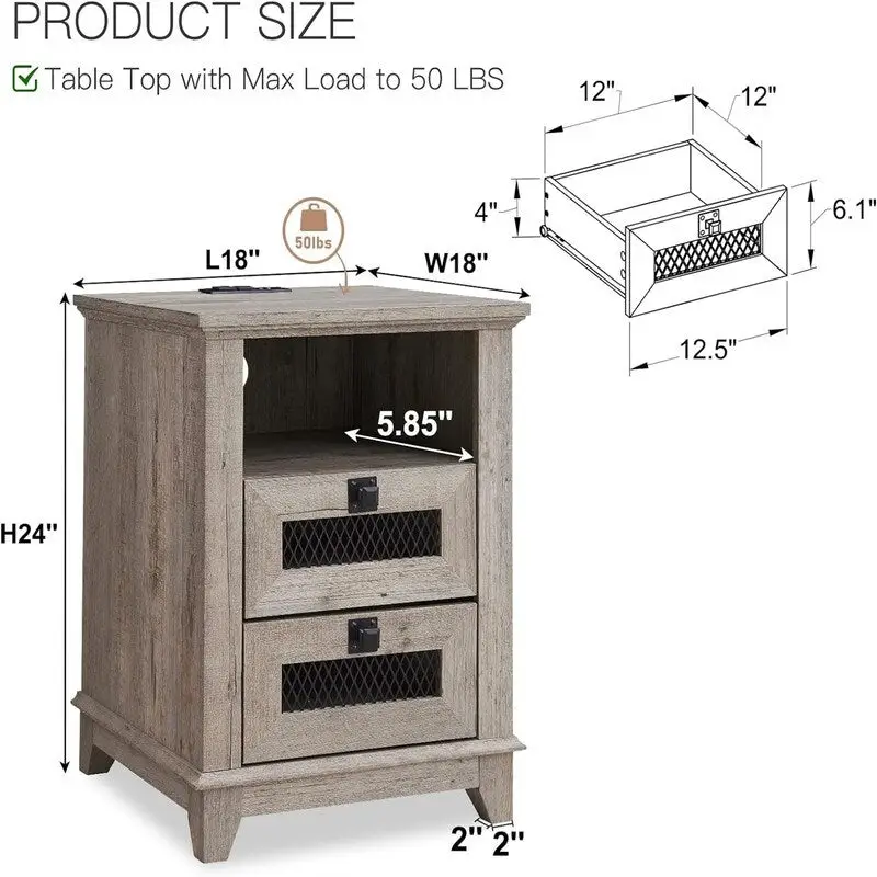 Table d'appoint de ferme avec 2 tiroirs, compartiment ouvert et prises CA et ports USB intégrés