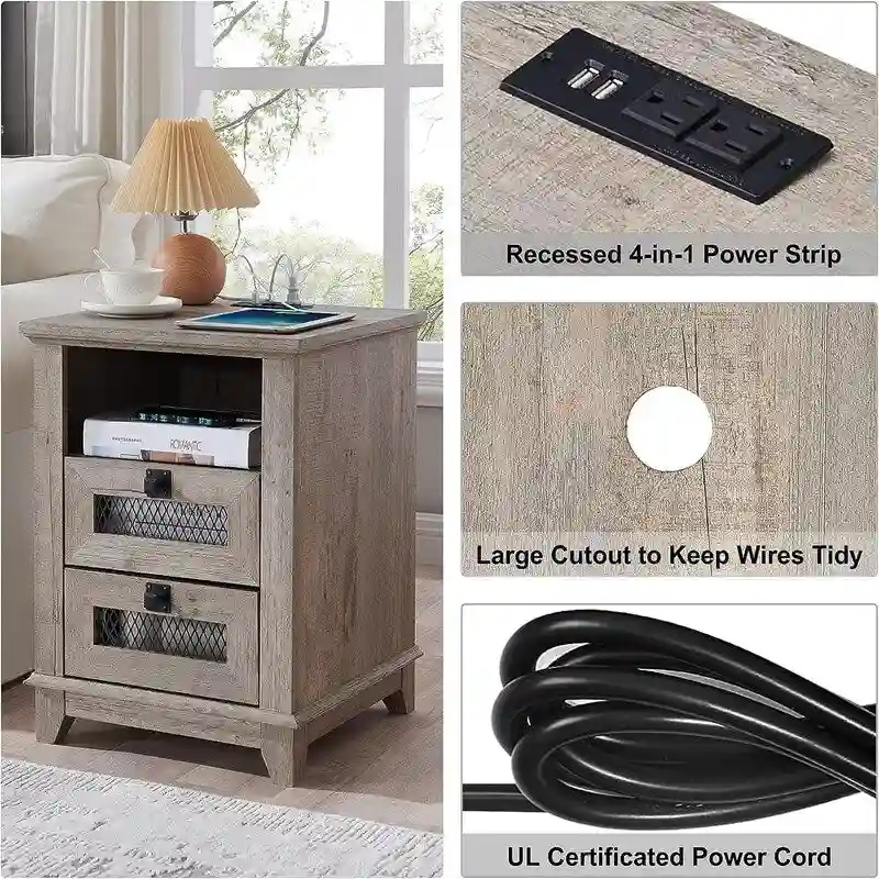 Table d'appoint de ferme avec 2 tiroirs, compartiment ouvert et prises CA et ports USB intégrés