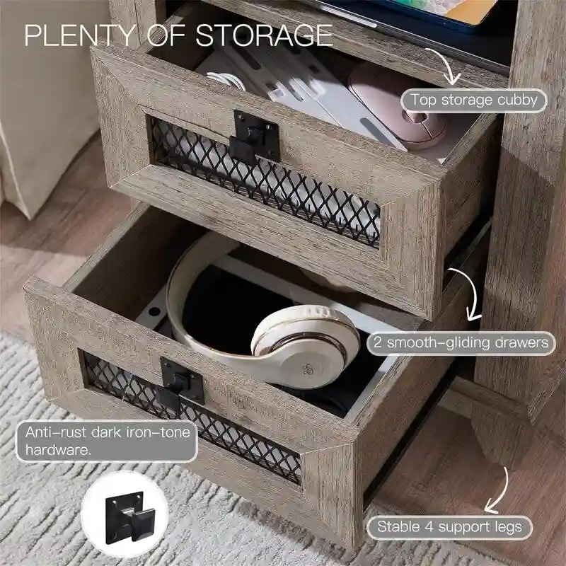 Table d'appoint de ferme avec 2 tiroirs, compartiment ouvert et prises CA et ports USB intégrés