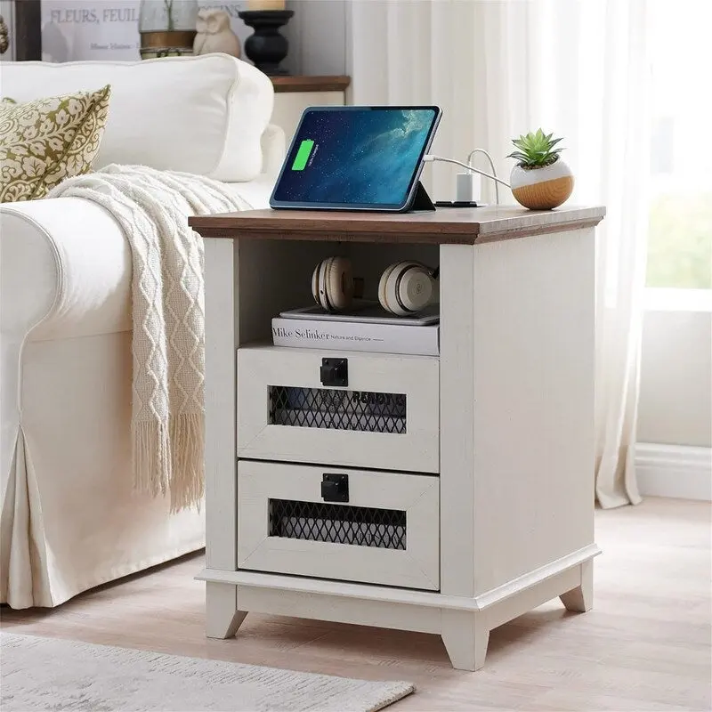 Table d'appoint de ferme avec 2 tiroirs, compartiment ouvert et prises CA et ports USB intégrés
