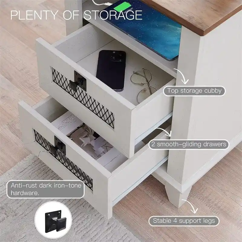 Table d'appoint de ferme avec 2 tiroirs, compartiment ouvert et prises CA et ports USB intégrés