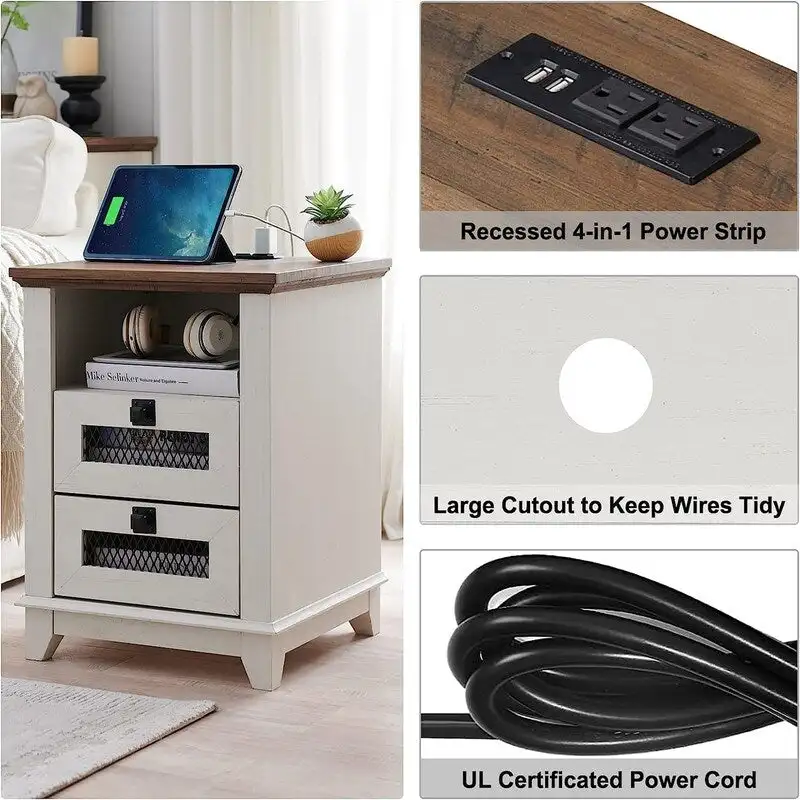 Table d'appoint de ferme avec 2 tiroirs, compartiment ouvert et prises CA et ports USB intégrés