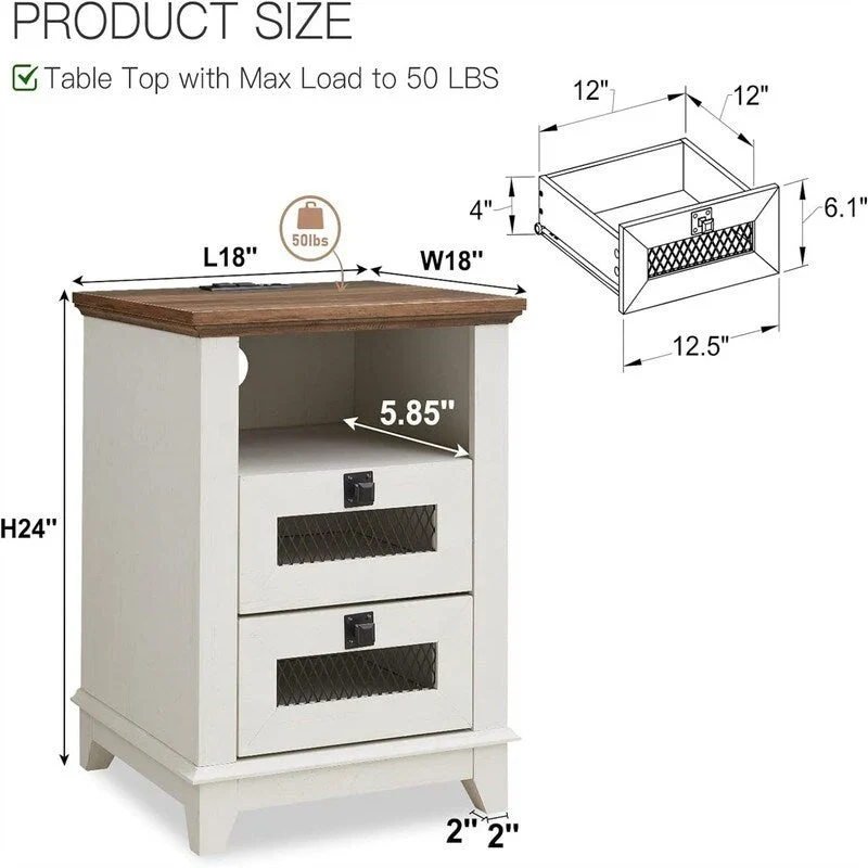 Table d'appoint de ferme avec 2 tiroirs, compartiment ouvert et prises CA et ports USB intégrés