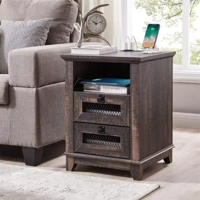 Table d'appoint de ferme avec 2 tiroirs, compartiment ouvert et prises CA et ports USB intégrés
