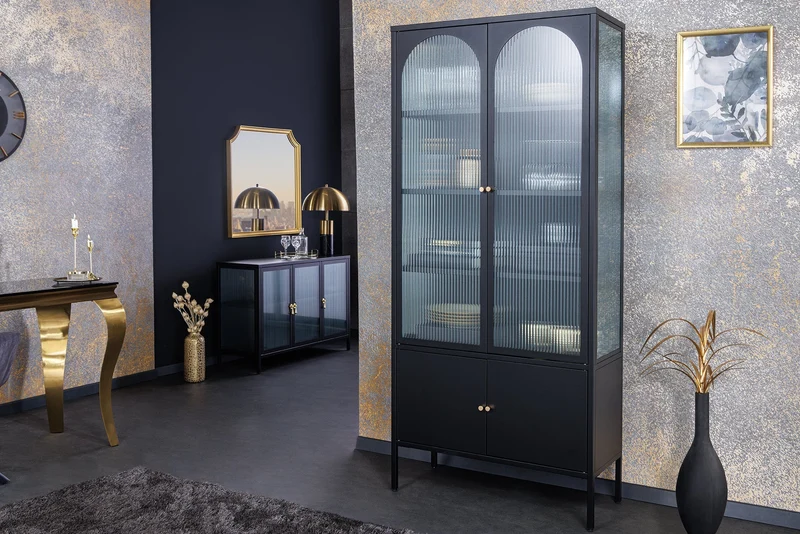 Vitrine moderne PARIS 180cm meuble haut en verre nervuré noir doré