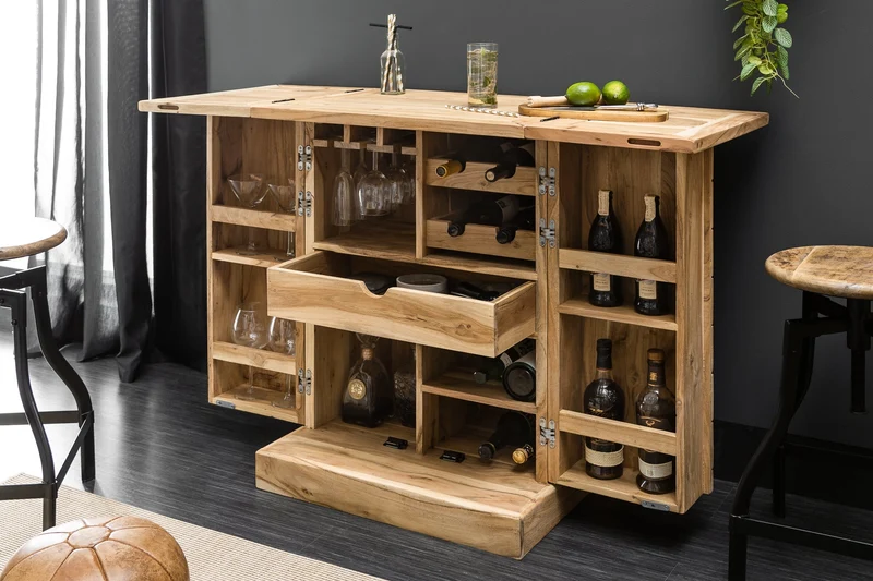 Meuble bar artisanal MOSAICO 130cm en bois d’acacia massif effet 3D