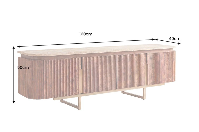 Meuble TV design GATSBY 160cm en bois de manguier marron doré avec structure en métal travertin