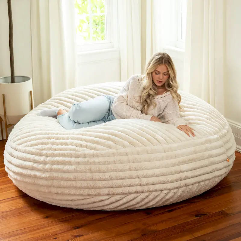 Pouf rond et lit à plat en fausse fourrure de 1,8 m de diamètre