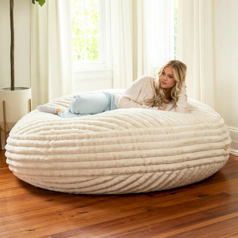 Pouf rond et lit à plat en fausse fourrure de 1,8 m de diamètre