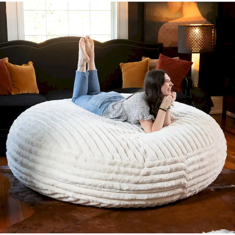 Pouf rond et lit à plat en fausse fourrure de 1,8 m de diamètre