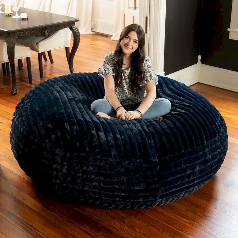 Pouf rond et lit à plat en fausse fourrure de 1,8 m de diamètre