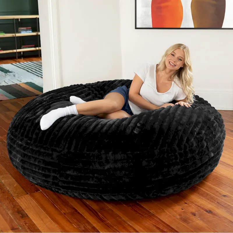 Pouf rond et lit à plat en fausse fourrure de 1,8 m de diamètre