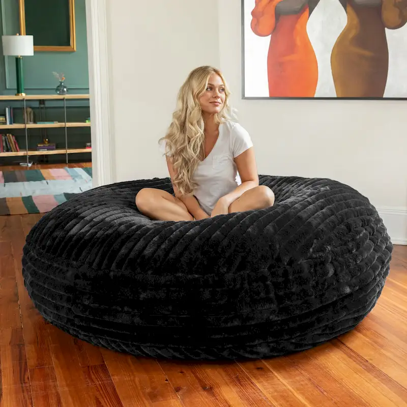 Pouf rond et lit à plat en fausse fourrure de 1,8 m de diamètre