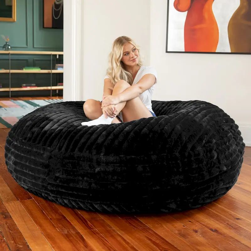 Pouf rond et lit à plat en fausse fourrure de 1,8 m de diamètre