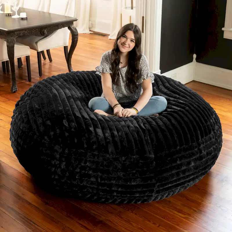 Pouf rond et lit à plat en fausse fourrure de 1,8 m de diamètre