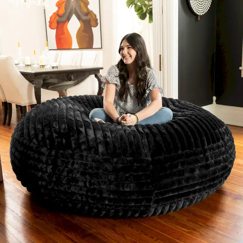 Pouf rond et lit à plat en fausse fourrure de 1,8 m de diamètre
