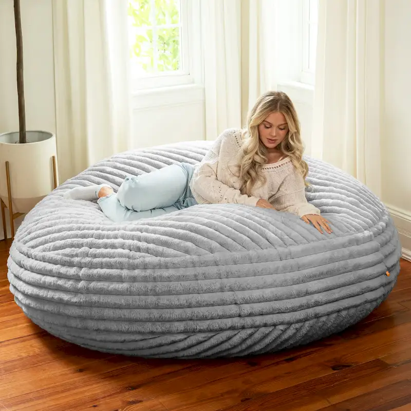 Pouf rond et lit à plat en fausse fourrure de 1,8 m de diamètre