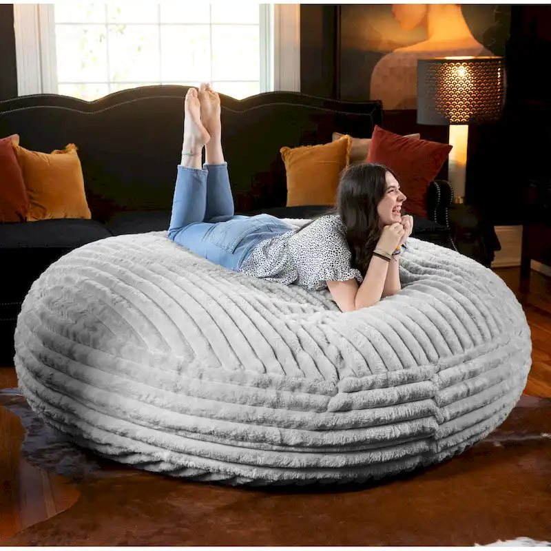 Pouf rond et lit à plat en fausse fourrure de 1,8 m de diamètre