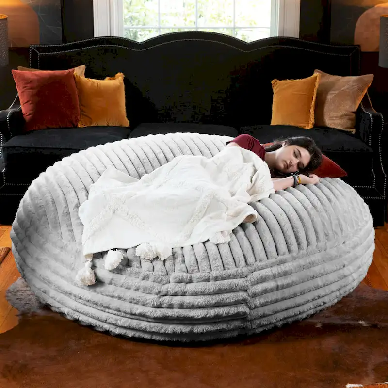 Pouf rond et lit à plat en fausse fourrure de 1,8 m de diamètre