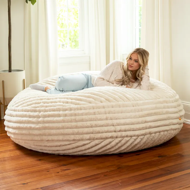 Pouf rond et lit à plat en fausse fourrure de 1,8 m de diamètre
