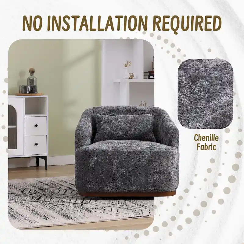 Fauteuil d'appoint pivotant en tissu chenille avec base métallique à 360 degrés et coussin de dossier amovible