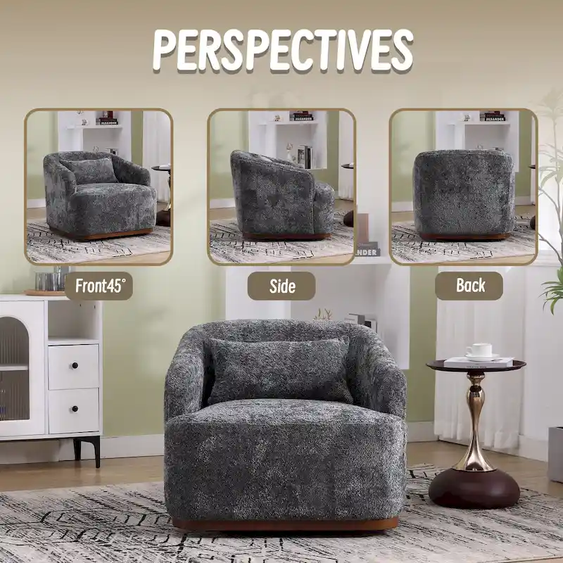 Fauteuil d'appoint pivotant en tissu chenille avec base métallique à 360 degrés et coussin de dossier amovible