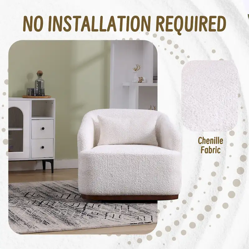 Fauteuil d'appoint pivotant en tissu chenille avec base métallique à 360 degrés et coussin de dossier amovible