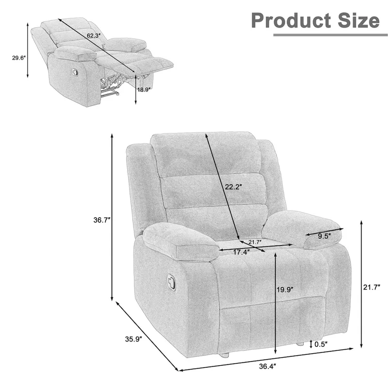 Fauteuil inclinable manuel avec inclinaison à 155 degrés et coussin à ressorts haute densité