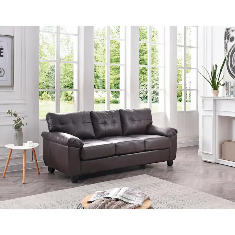 Canapé 3 places en similicuir avec coussins à ressorts ensachés, dossier capitonné et accoudoirs rembourrés