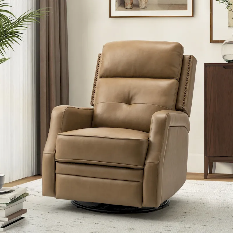 Fauteuil inclinable pivotant à 360 degrés avec dossier capitonné, garniture cloutée et base métallique