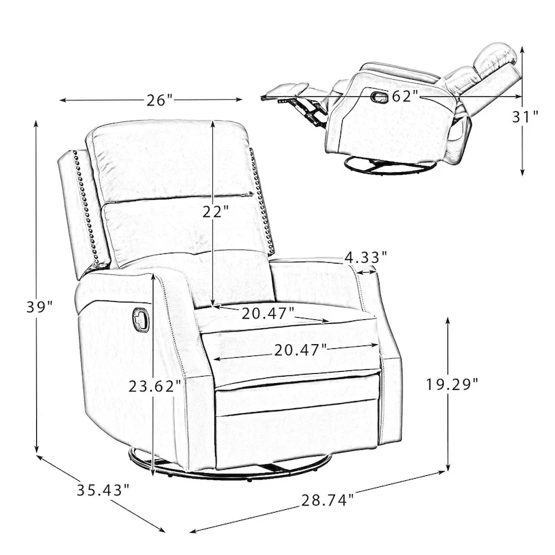 Fauteuil inclinable pivotant à 360 degrés avec dossier capitonné, garniture cloutée et base métallique