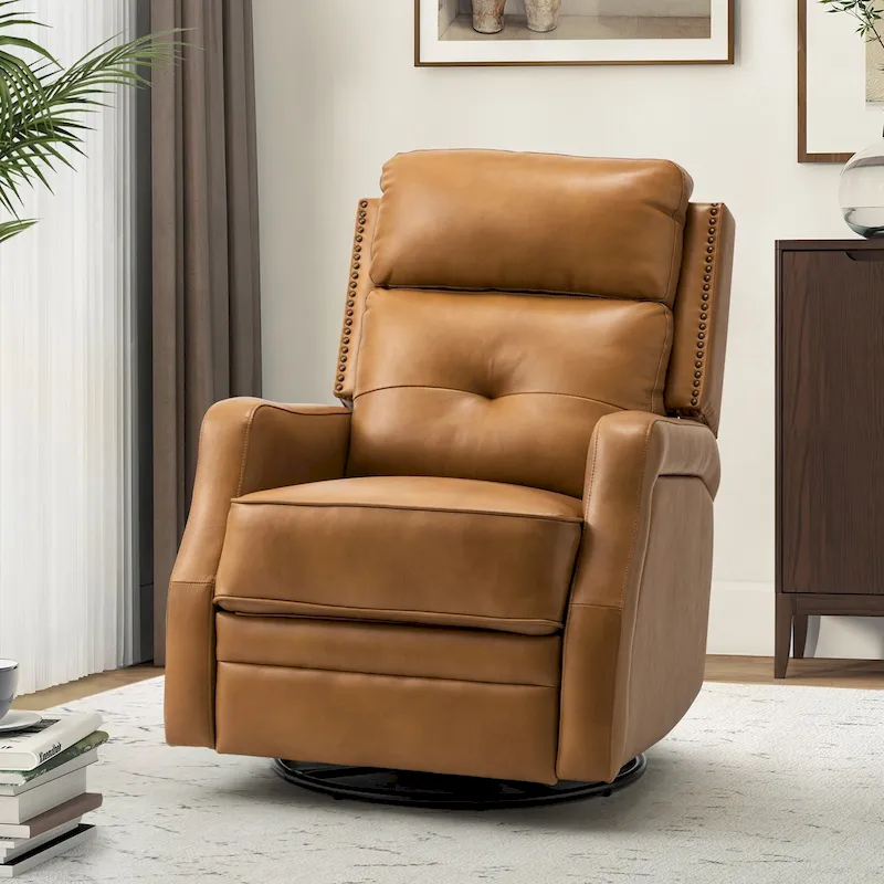 Fauteuil inclinable pivotant à 360 degrés avec dossier capitonné, garniture cloutée et base métallique
