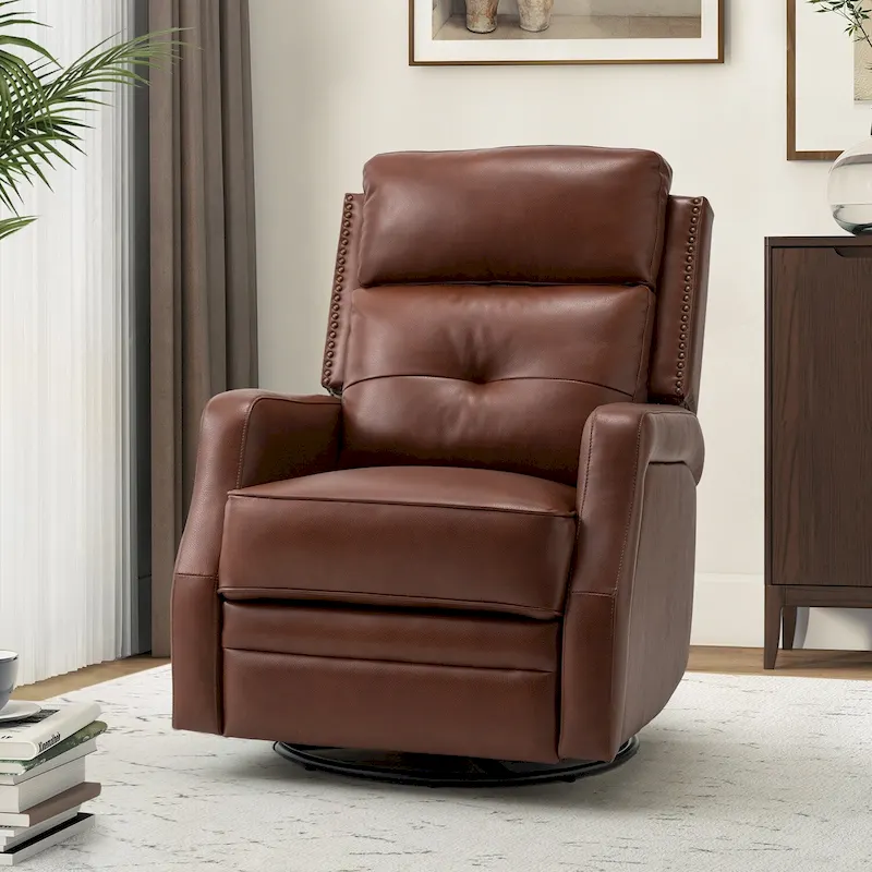 Fauteuil inclinable pivotant à 360 degrés avec dossier capitonné, garniture cloutée et base métallique