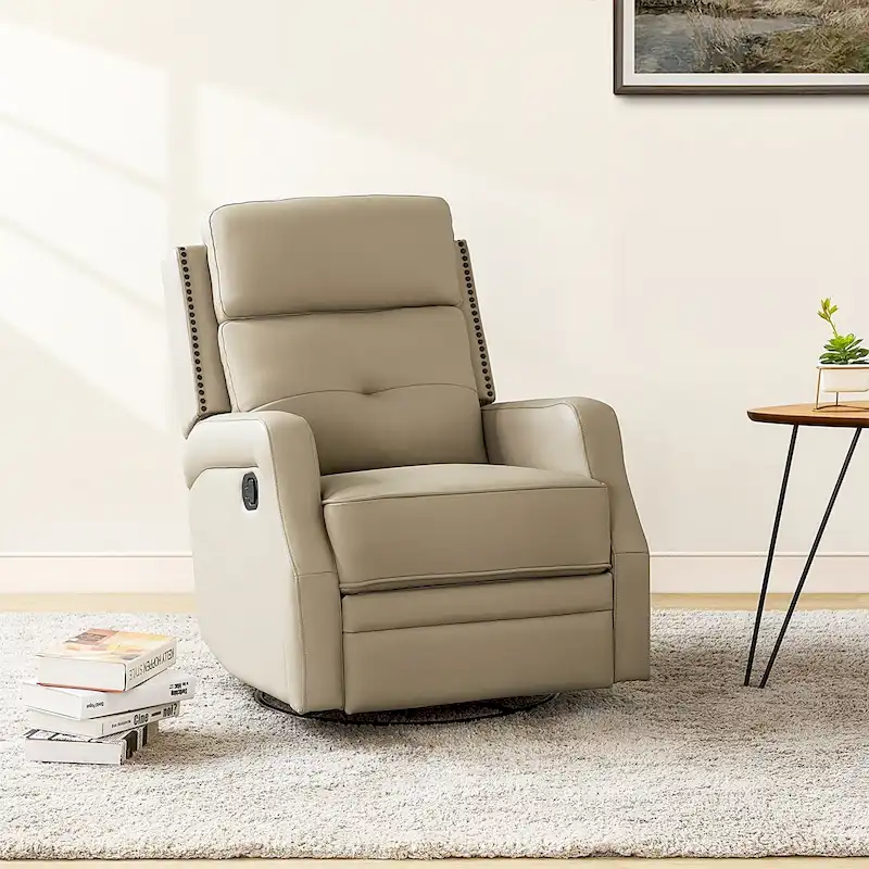 Fauteuil inclinable pivotant à 360 degrés avec dossier capitonné, garniture cloutée et base métallique